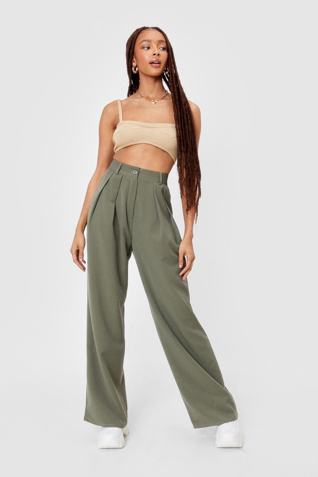 Khaki Pleated Front Wide Leg Pants image number 1