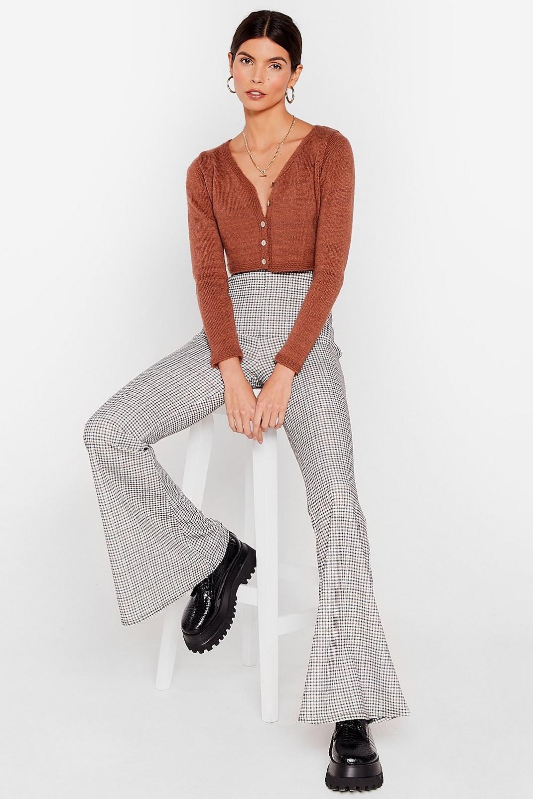 Brown High Waisted Check Flare Pants image number 1