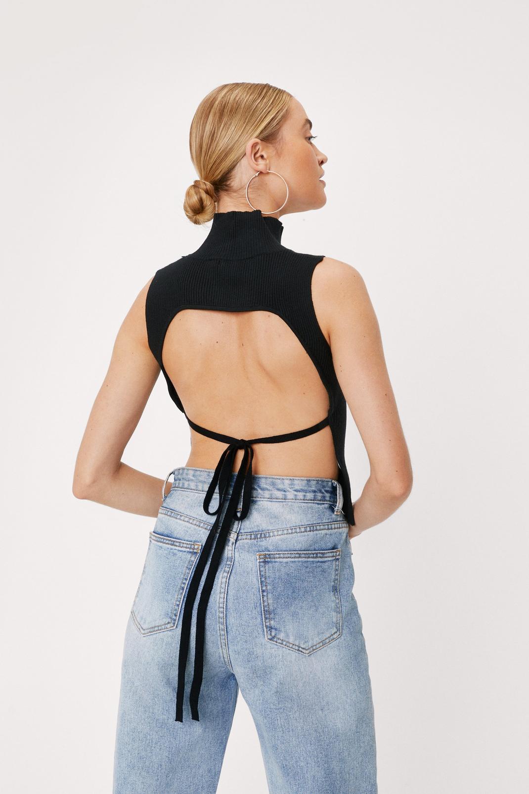Black Sleeveless High Neck Backless Knit Top image number 1