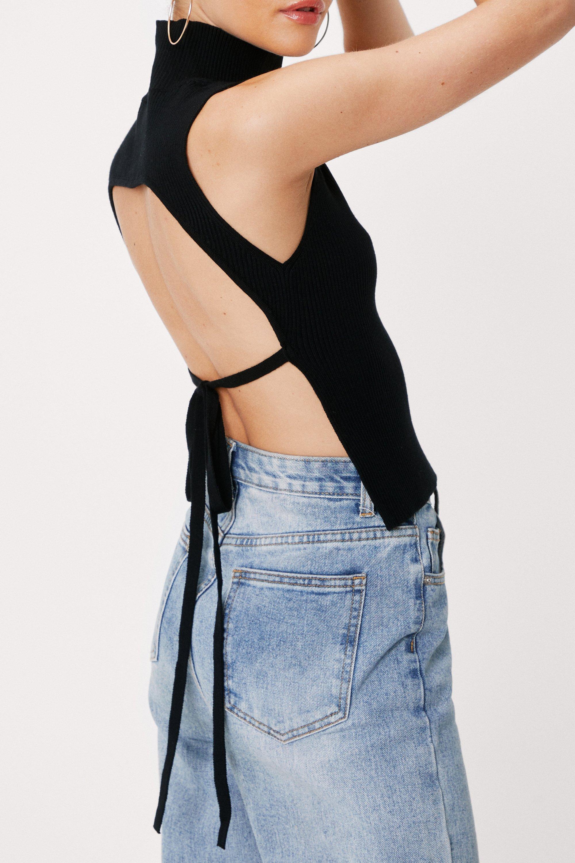 High neck low outlet back top