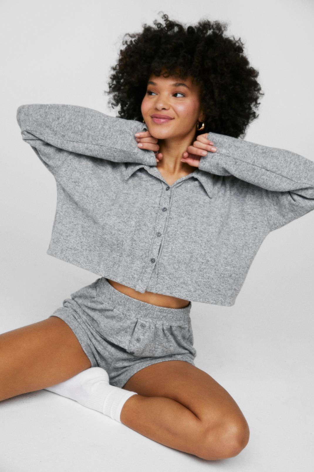 Grey Jersey Shirt and High Waisted Shorts Lounge Set image number 1