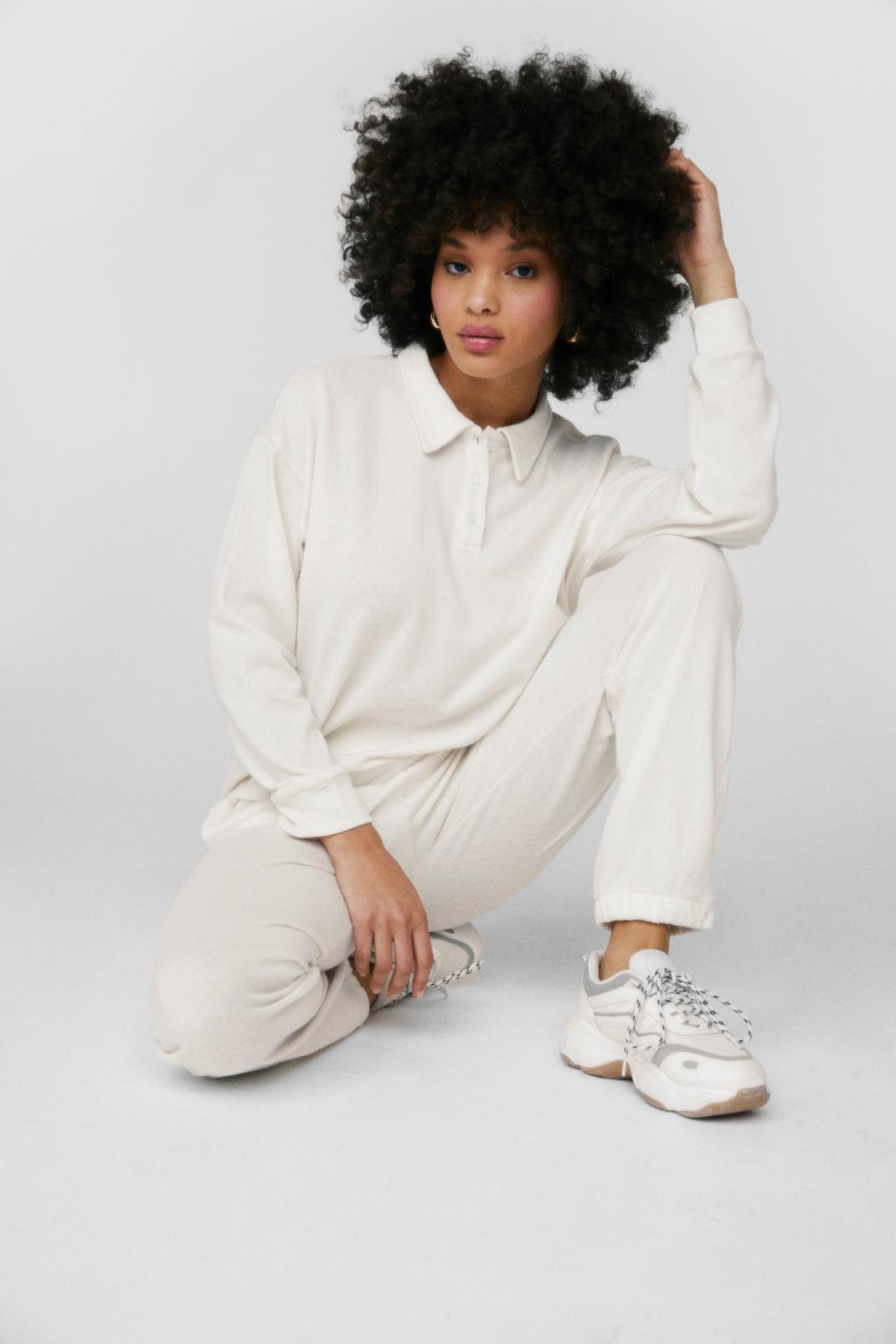 Cream Polo Shirt Jumper and Tracksuit Pants Lounge Set image number 1