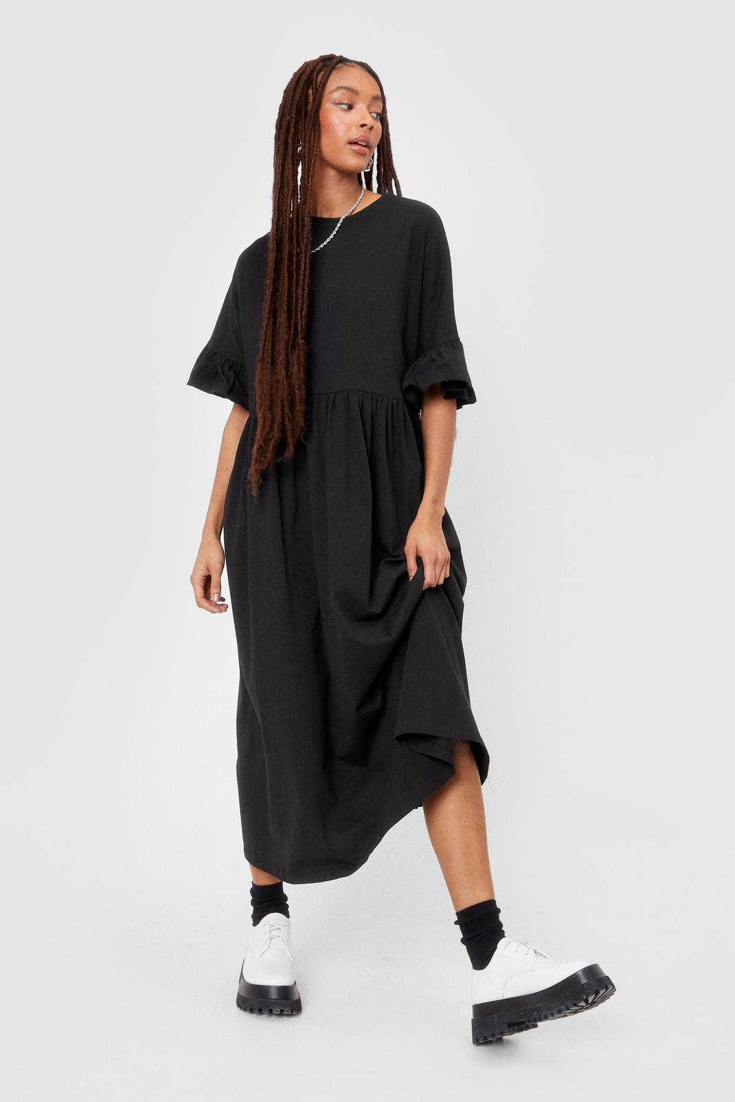 Black Frill Sleeve Oversized Midi Dress image number 1