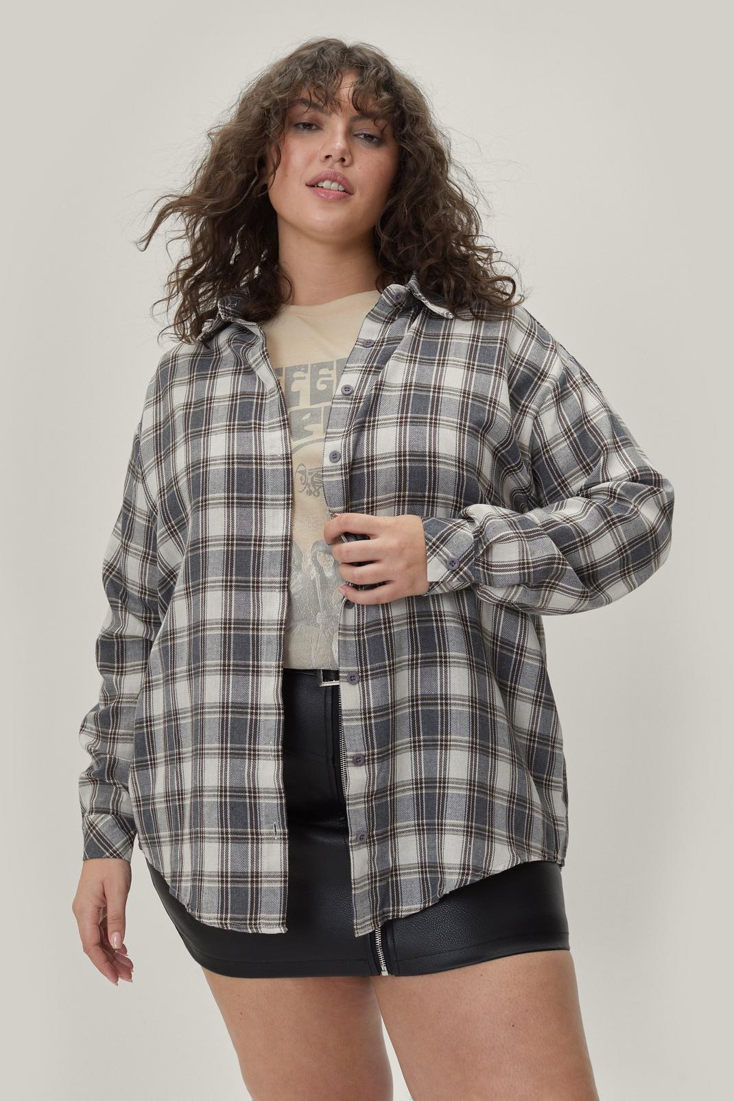 Grey Plus Size Check Button Down Oversized Shirt image number 1