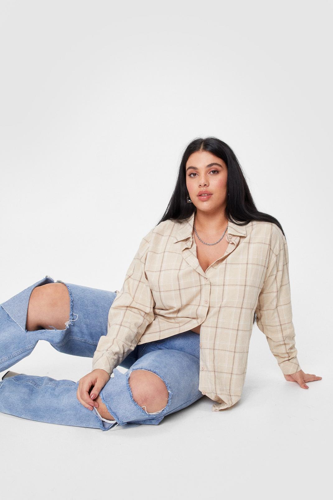 Brown Plus Size Check Button Relaxed Shirt image number 1