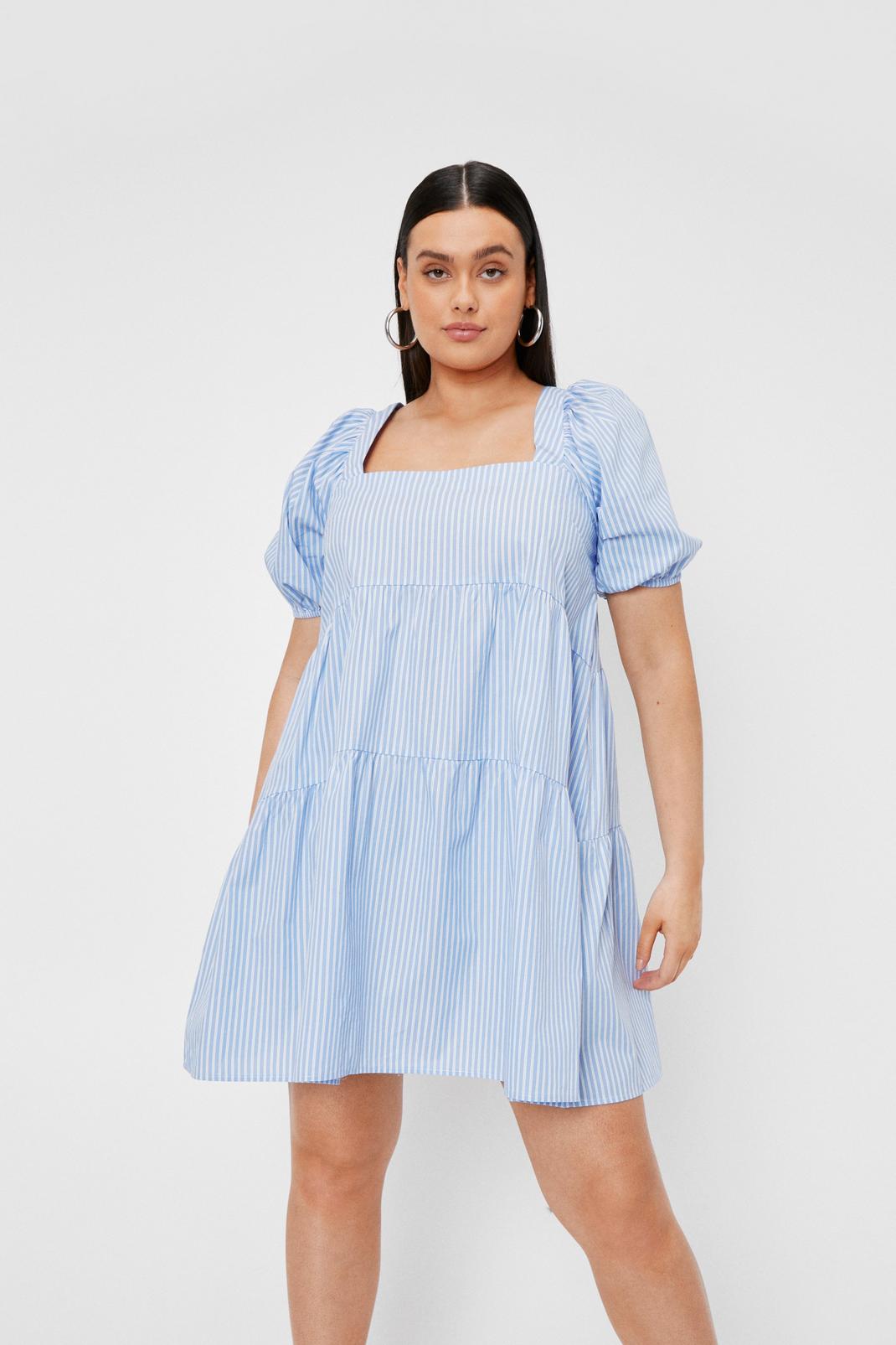 Blue Plus Size Striped Mini Smock Dress image number 1