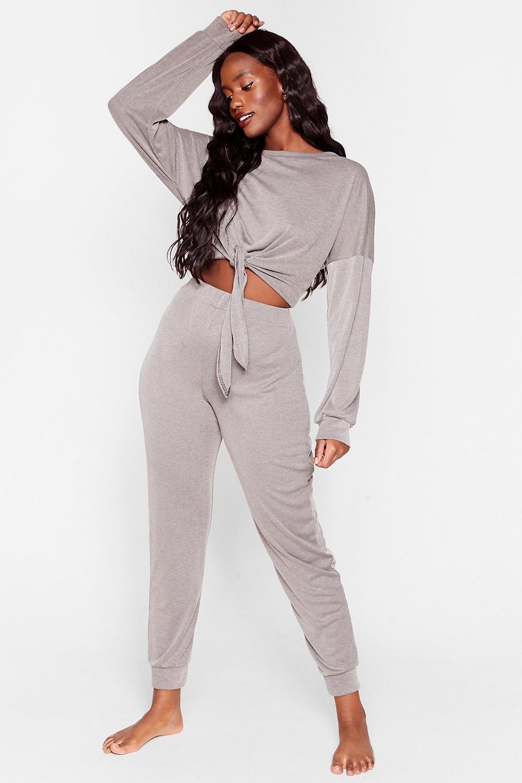 Grey Tie Miss You Baby Plus Ribbed Top and Jogger Set image number 1