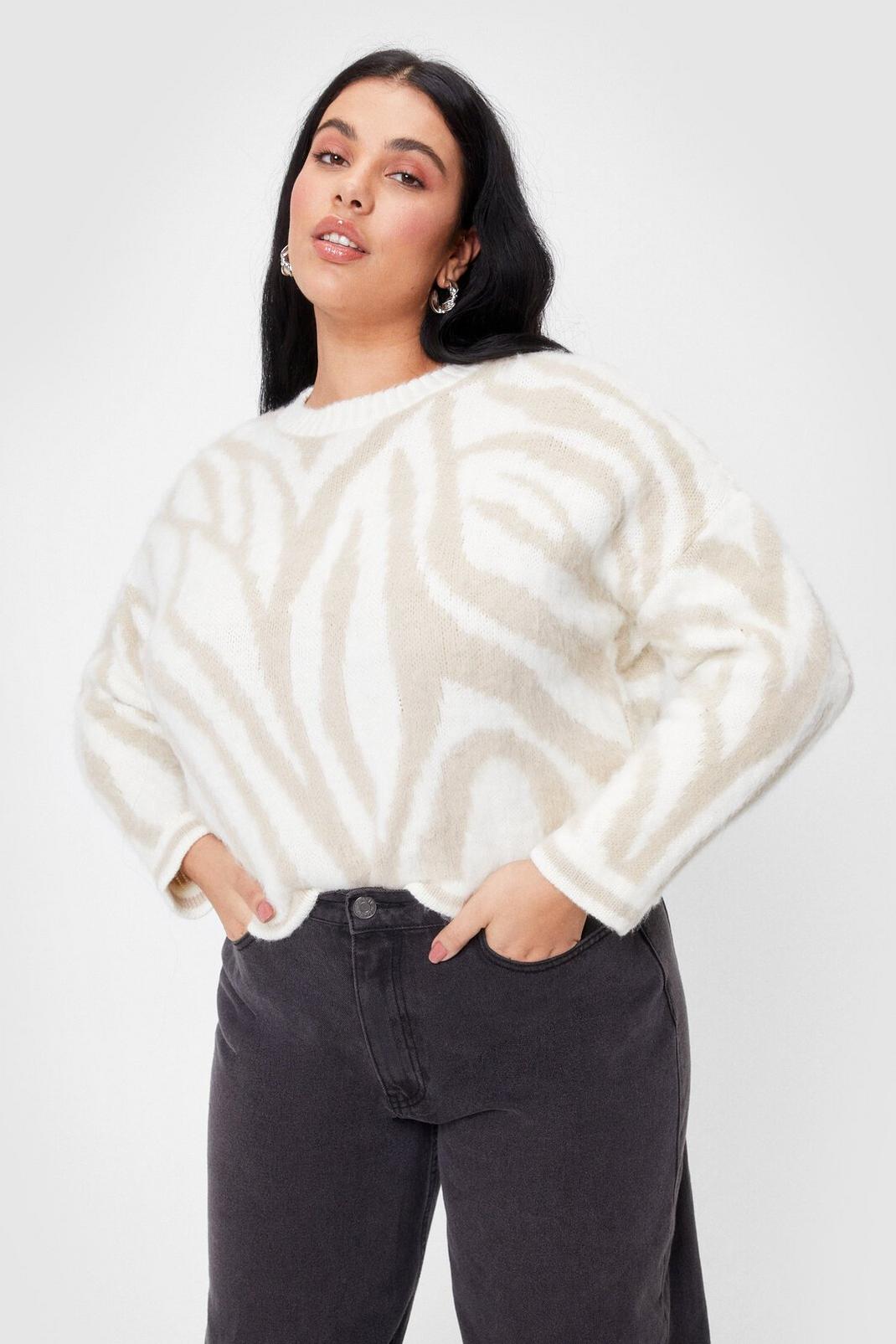 Cream Plus Size Knitted Zebra Crew Neck Sweater image number 1