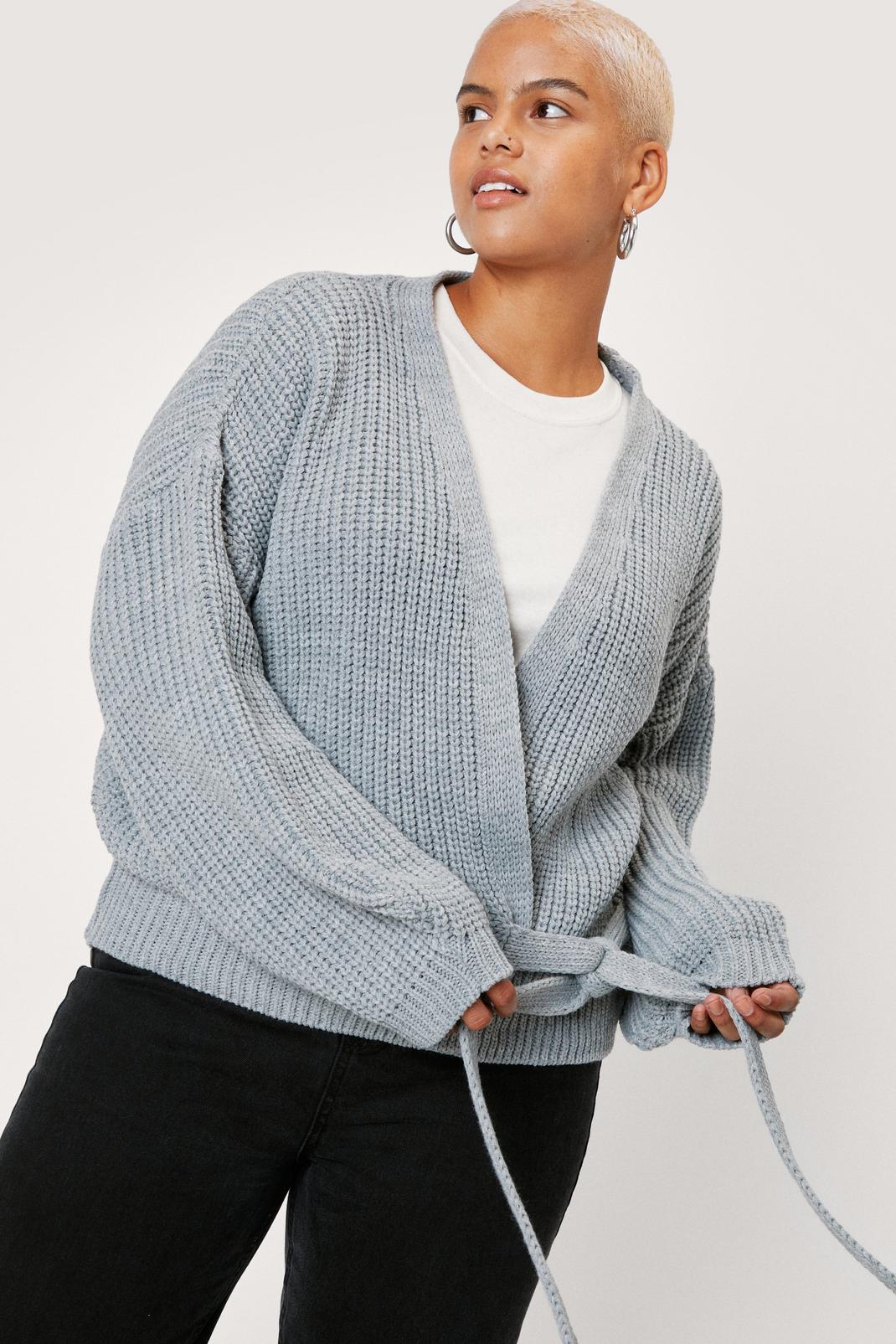Grey Plus Size Knitted Wrap Tie Cardigan image number 1