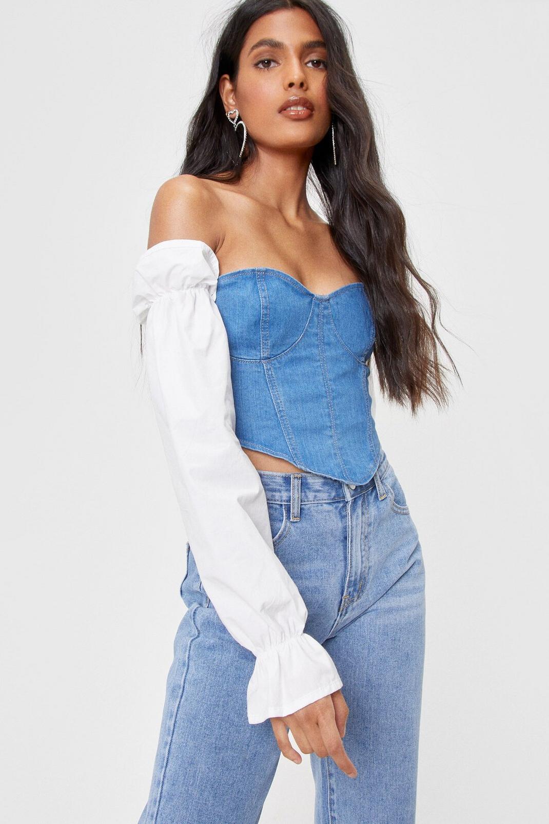 Mid blue Corset the Pace Denim Off-the-Shoulder Top image number 1