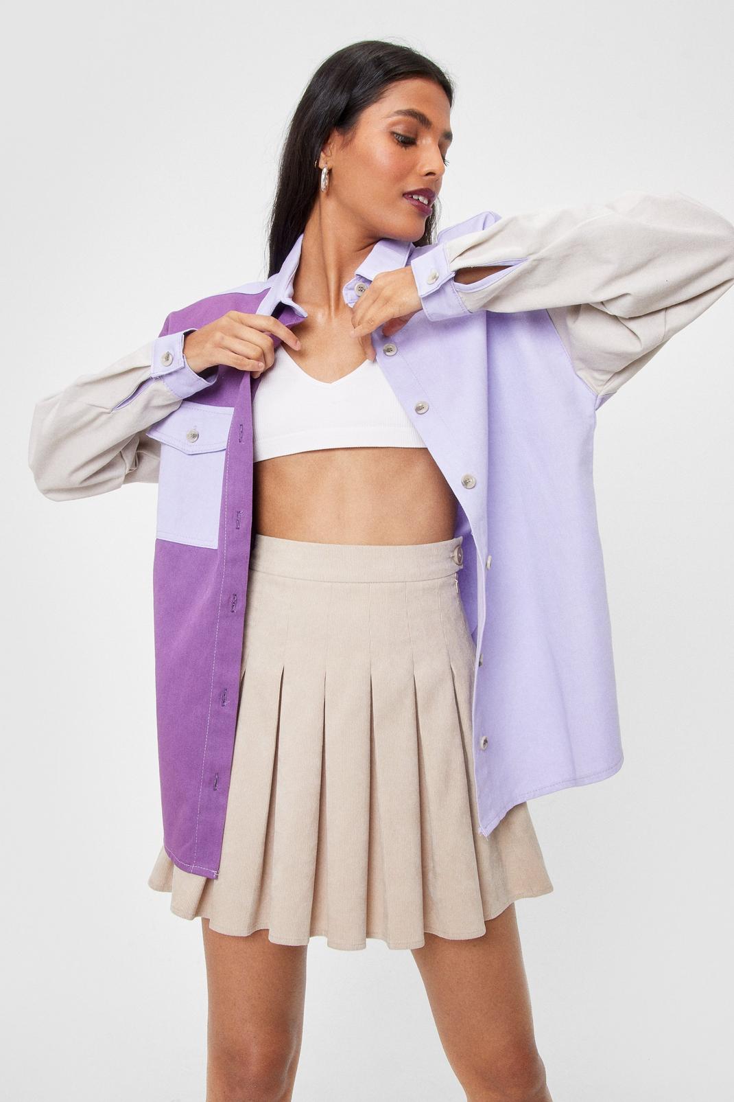 Lilac Bright On Time Oversized Colorblock Denim Shirt image number 1