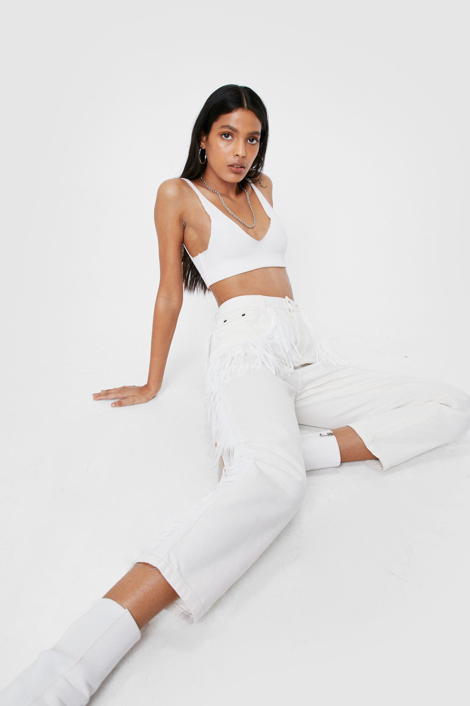 high rise white mom jeans