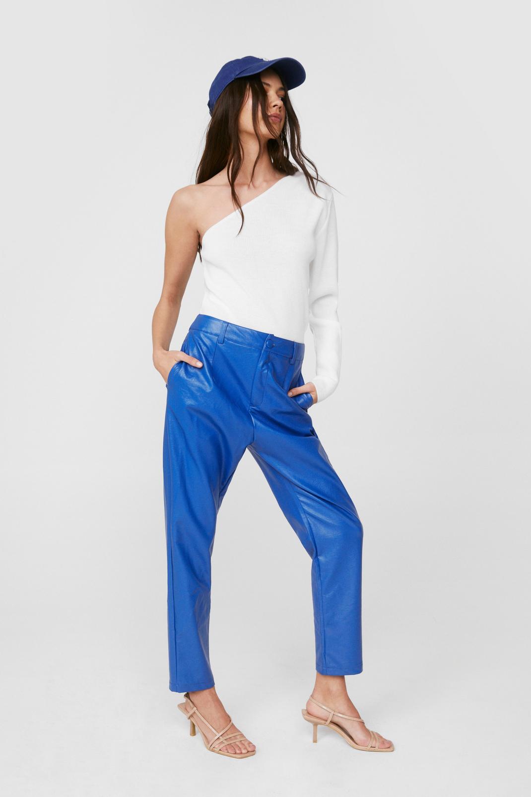 Blue High Waisted Faux Leather Tapered Trousers image number 1