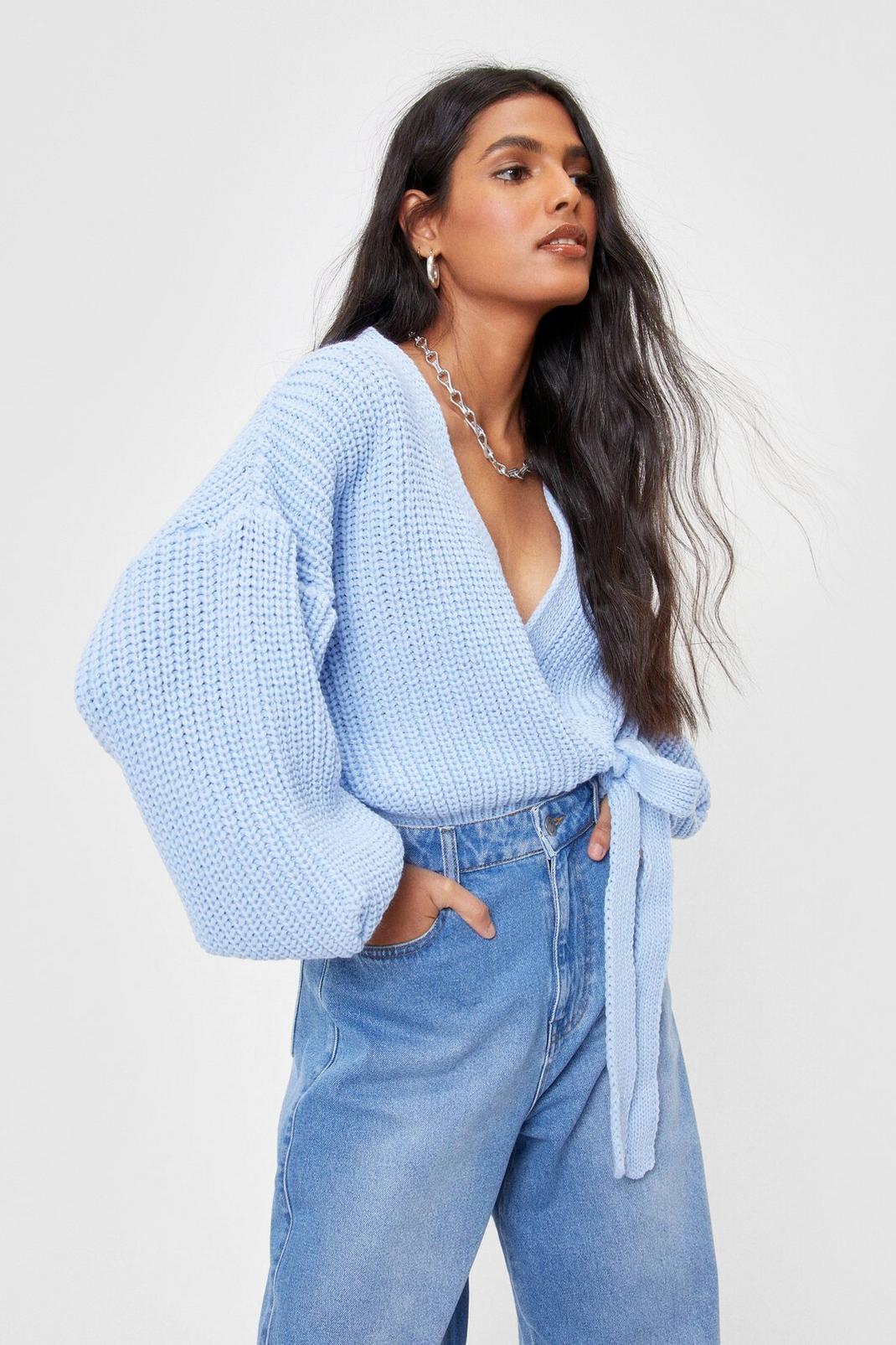 Baby blue Chunky Knit Wrap Cardigan image number 1