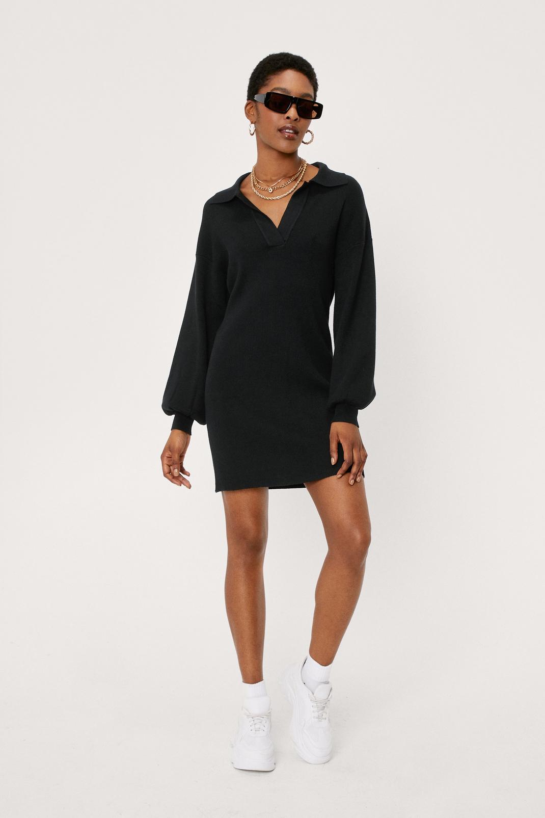 Black Knitted Collar Mini Sweater Dress image number 1