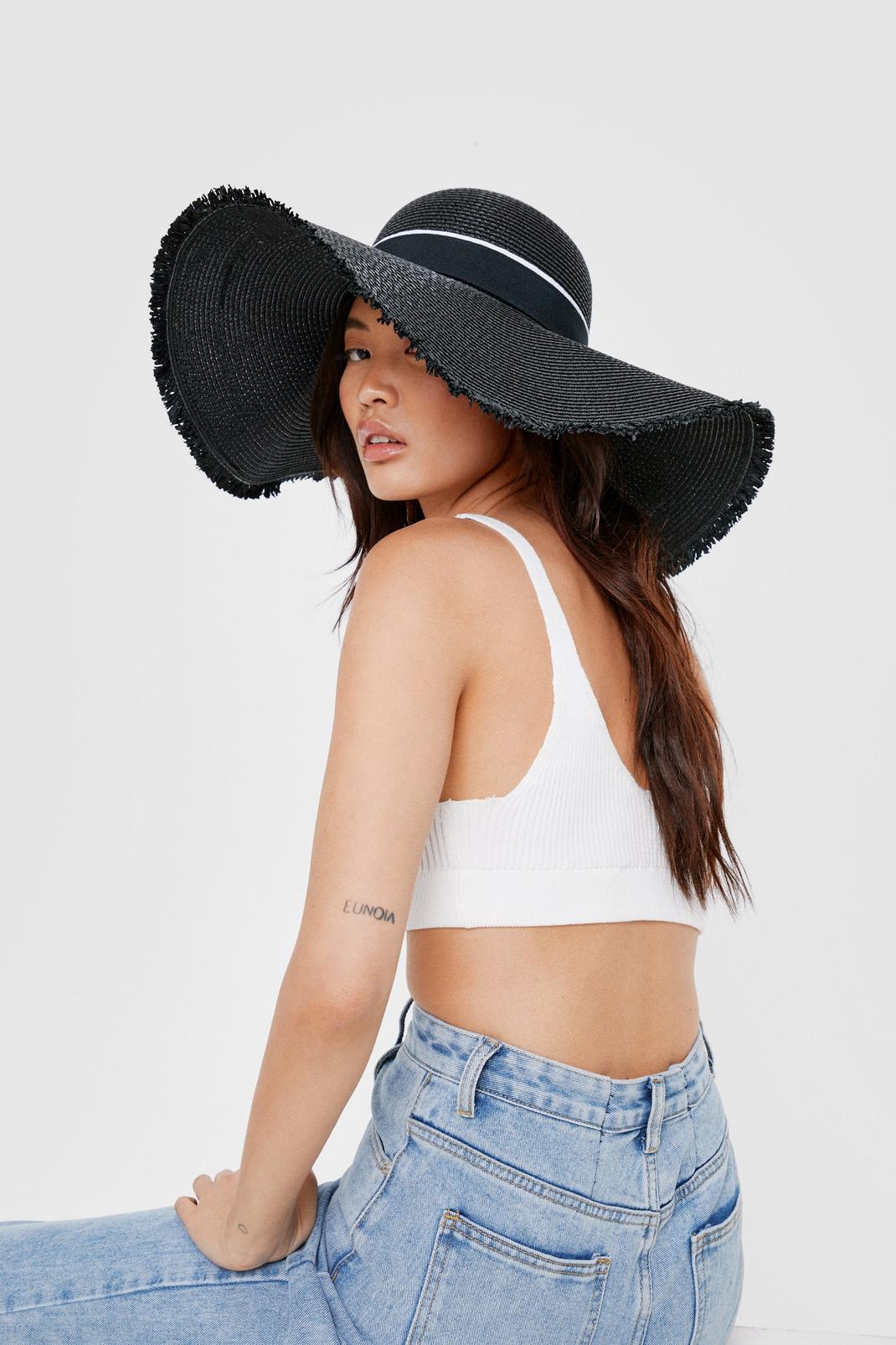 Black Oversized Slouchy Straw Woven Hat image number 1