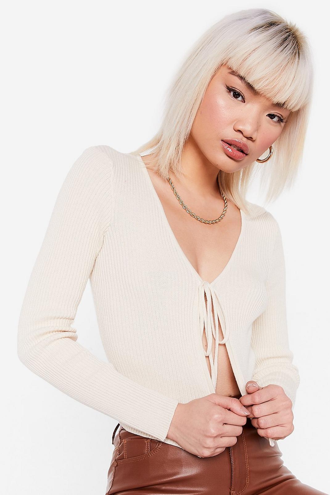 Ivory Tie It Out Ribbed Petite Crop Top image number 1