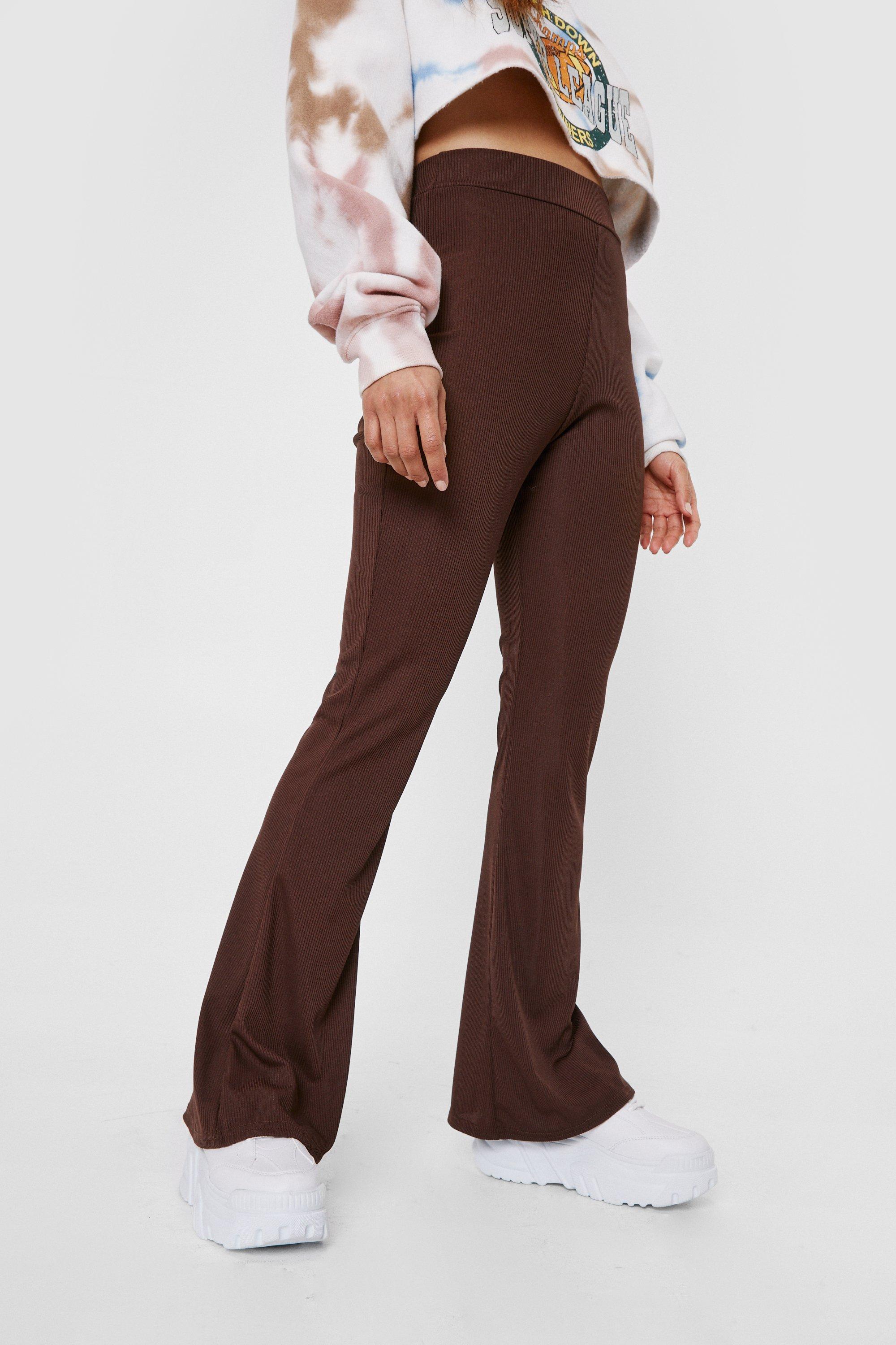 Petite Ribbed High Waisted Flare Trousers