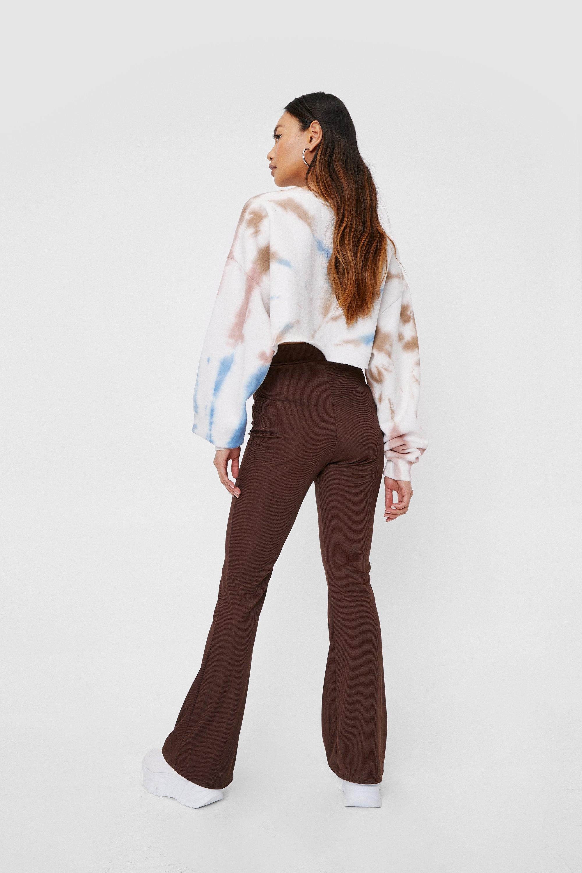 Petite Ribbed High Waisted Flare Trousers