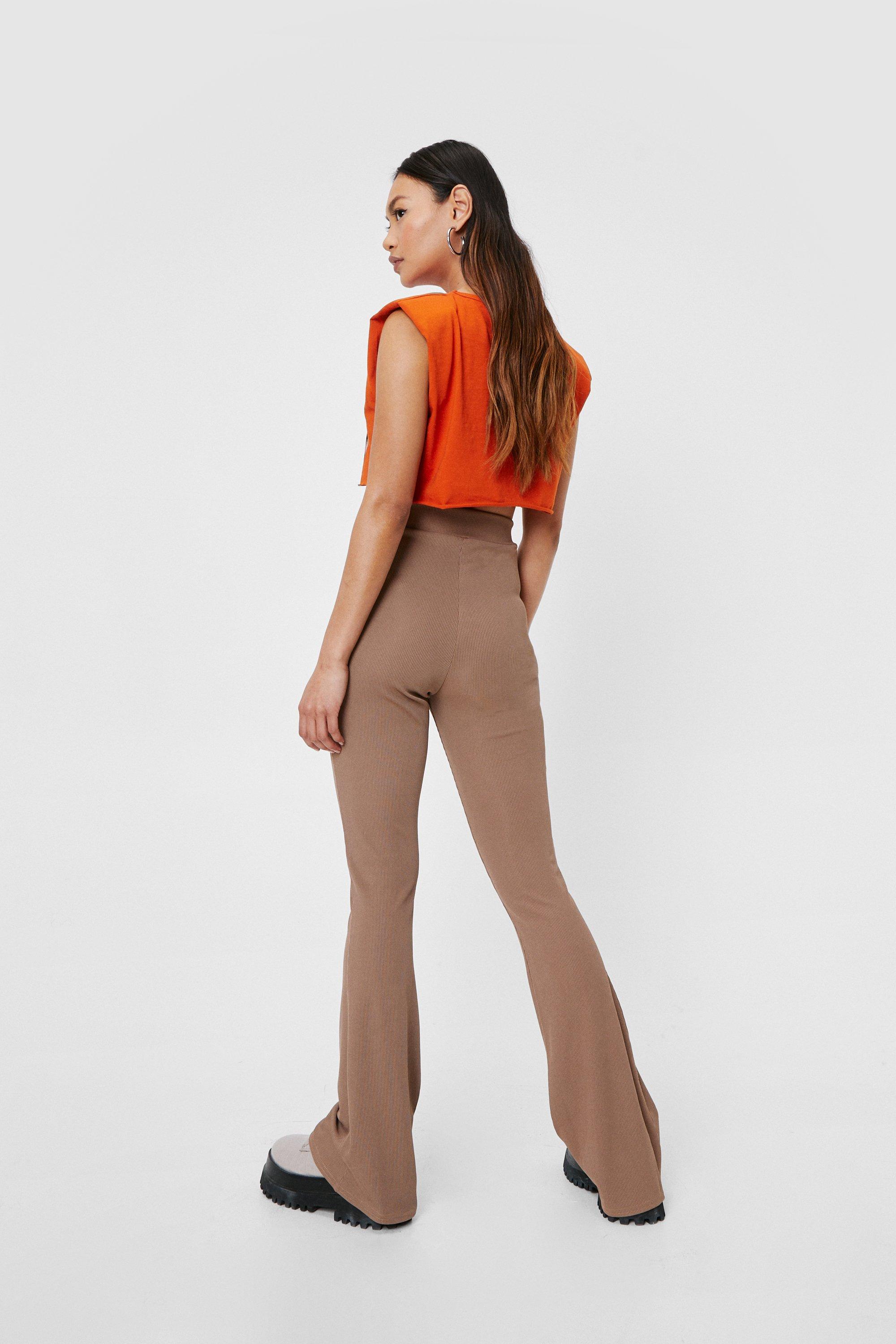 Petite Ribbed High Waisted Flare Pants