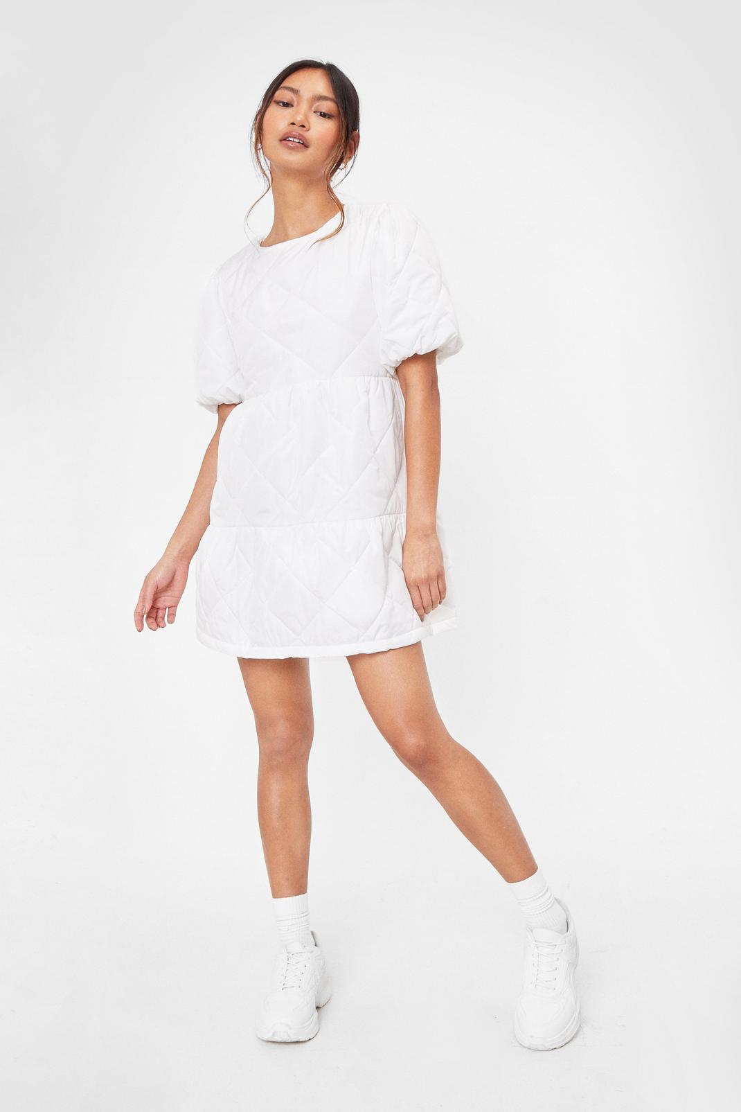 White Petite Quilted Puff Sleeve Mini Dress image number 1