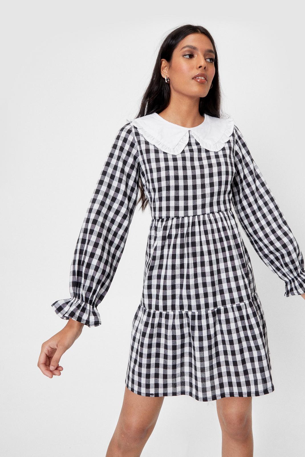 White Gingham a Hint Collar Mini Dress image number 1
