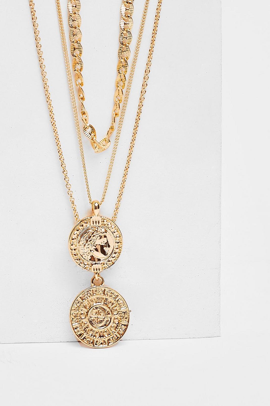 Gold Triple Layered Coin Chain Necklace image number 1