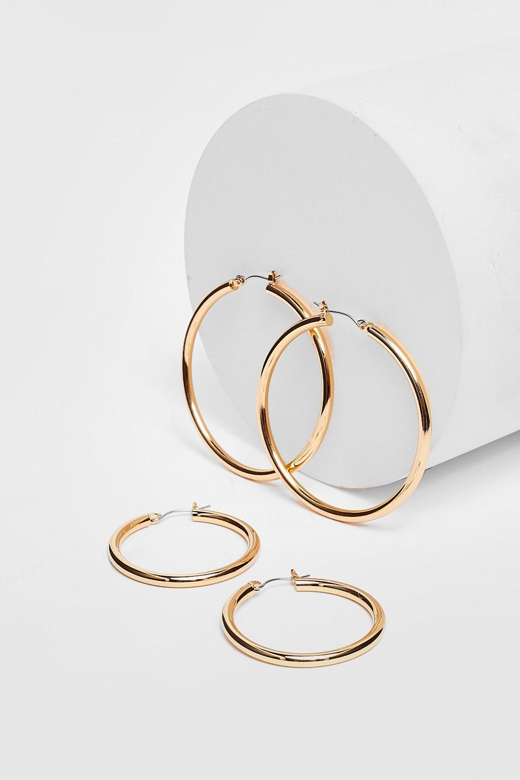 Gold Plated Large Hoop Earrings 2-Pc Set image number 1