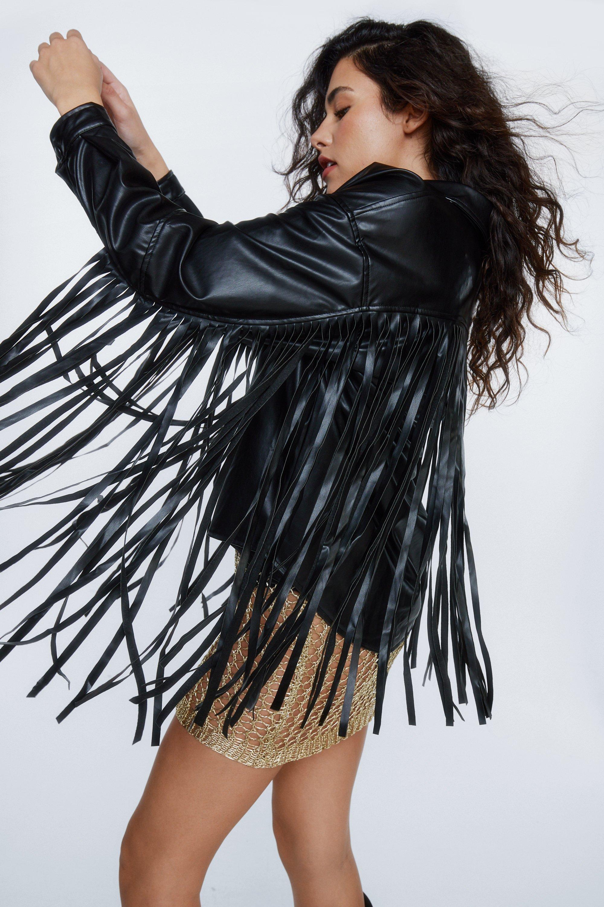 leather jacket with fringe sleeves