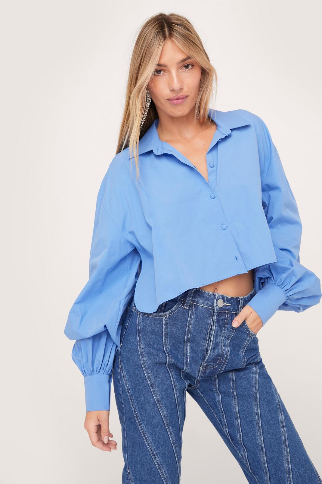 Blue Cotton Cropped Button Up Shirt  image number 1