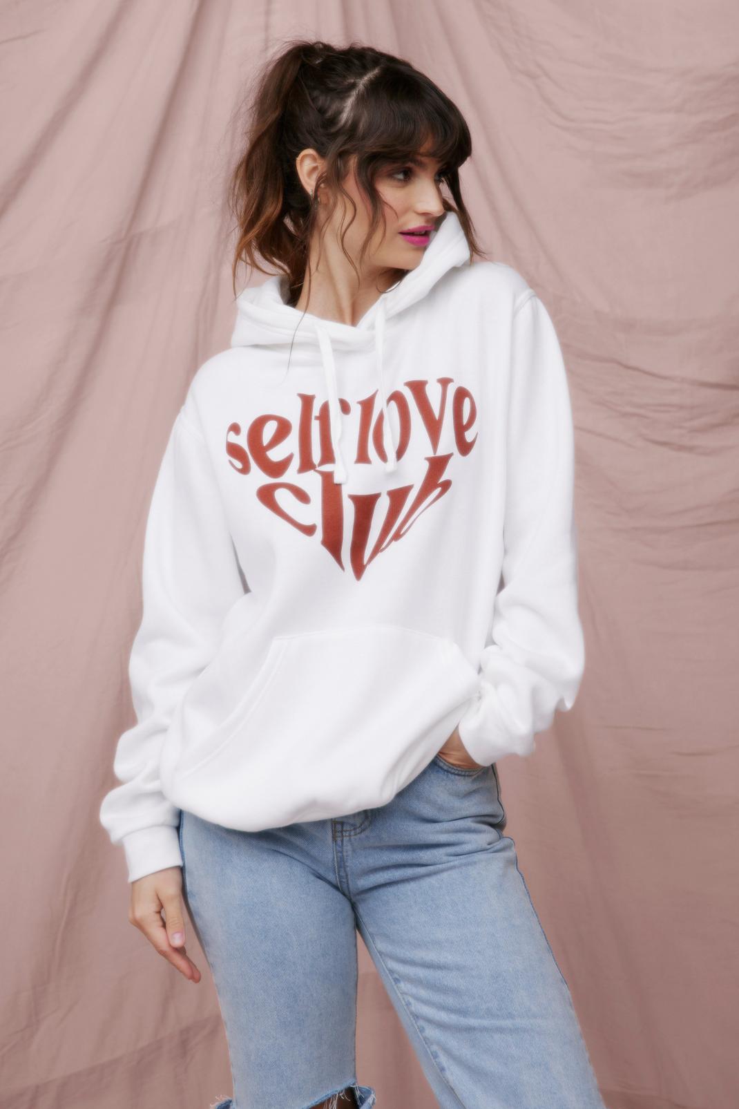White Self Love Club Oversized Graphic Hoodie image number 1