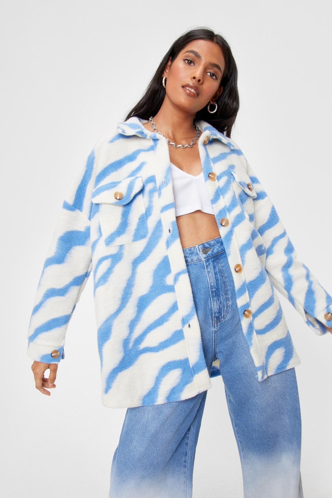 Blue In Your Wildest Dreams Zebra Faux Wool Shirt Jacket image number 1