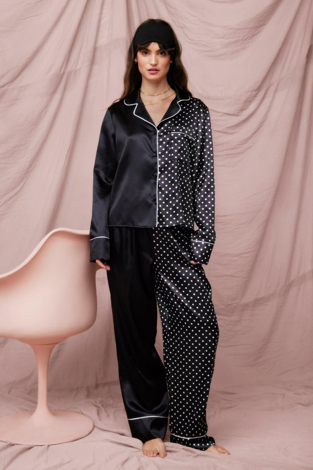 Black Polka Dot Satin Pyjama Pants Set image number 1