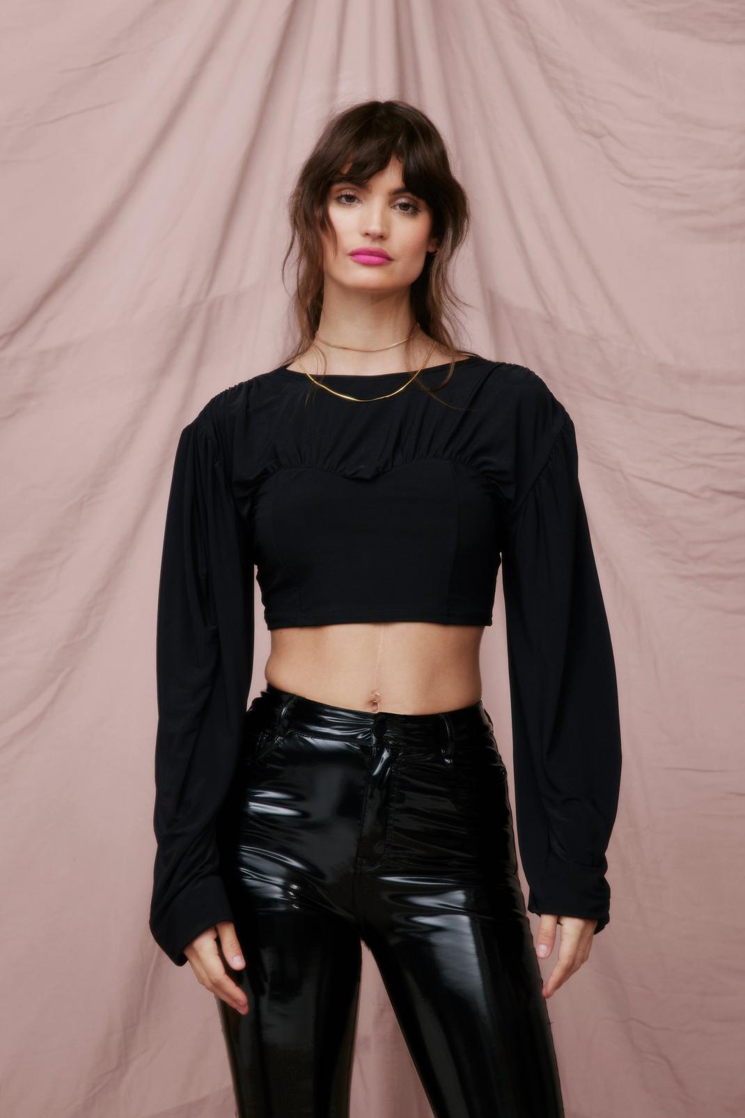 Black Slinky Balloon Sleeve Cropped Blouse image number 1