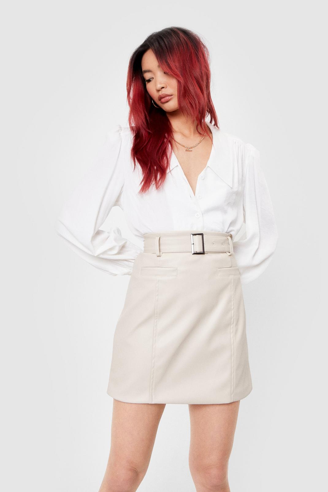 Ecru Faux Leather Buckle Belted Mini Skirt image number 1