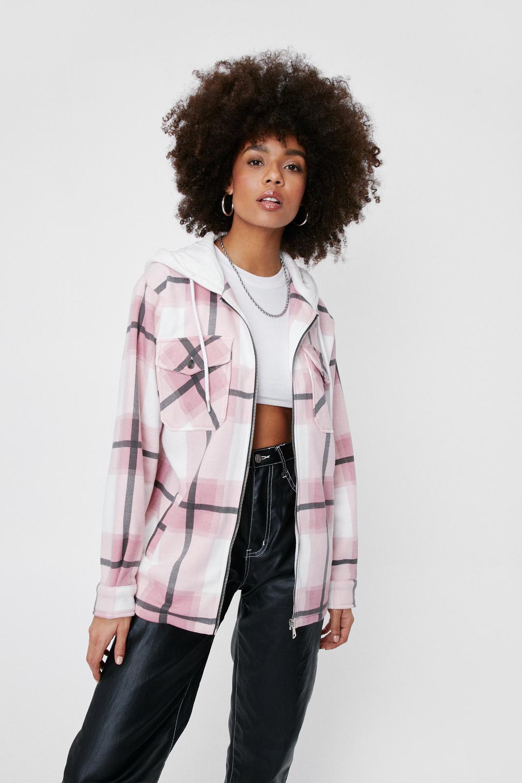 Pink Check Oversized Hooded Shacket image number 1