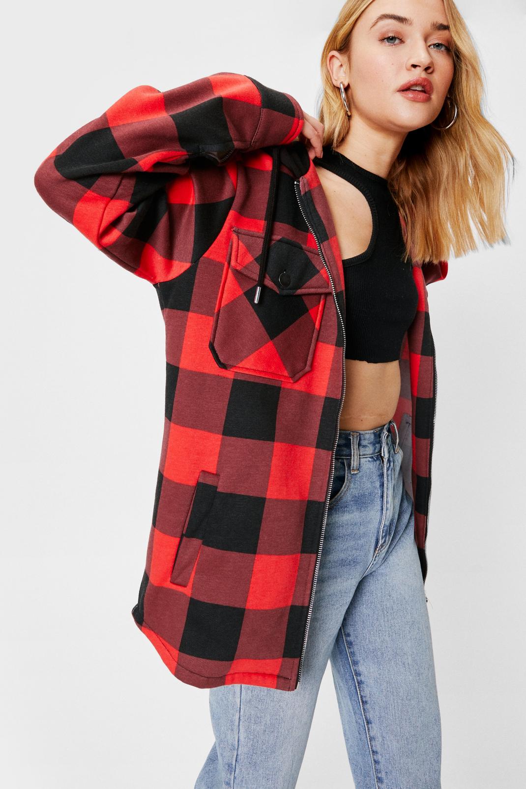 Red Check Oversized Hooded Shacket image number 1