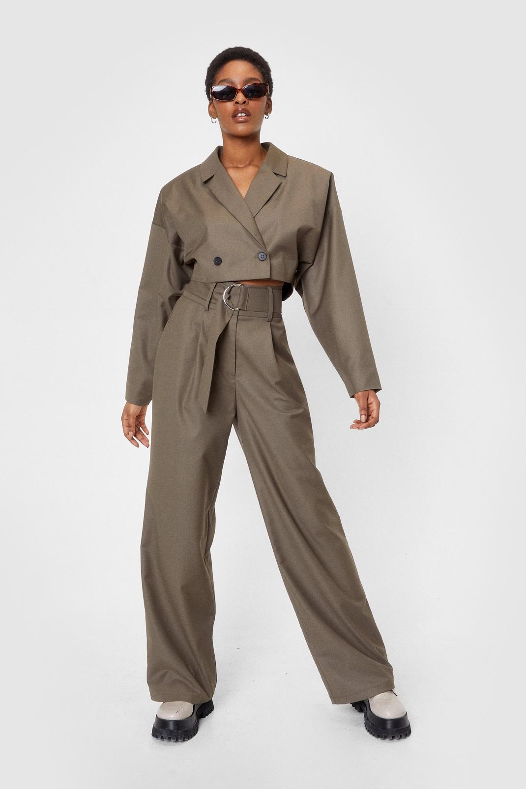 Khaki Belted High Waisted Wide Leg Pants image number 1