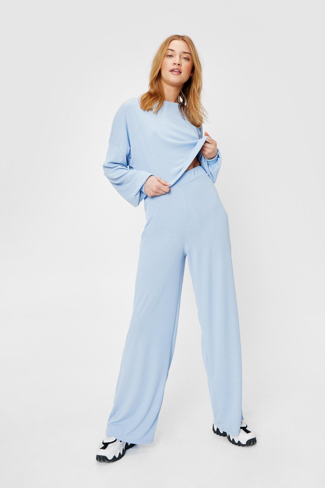 Light blue Ribbed Wide Leg Trousers Lounge Set  image number 1