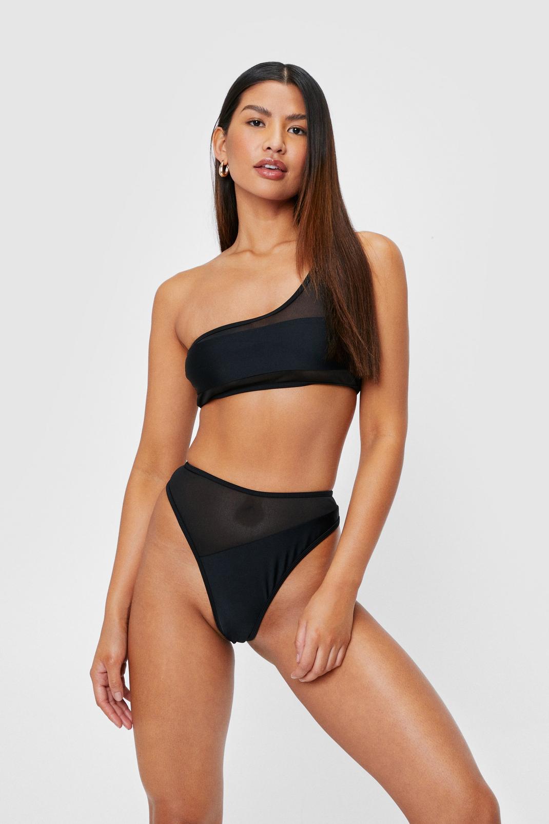 Bikini en mesh haut brassière asymétrique & bas taille haute, Black image number 1