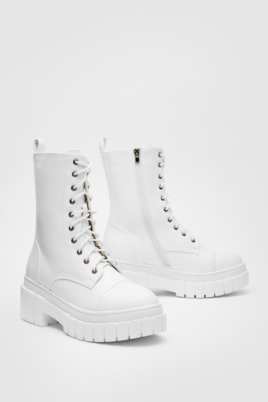 White Faux Leather Lace Up Wellie Biker Boots image number 1