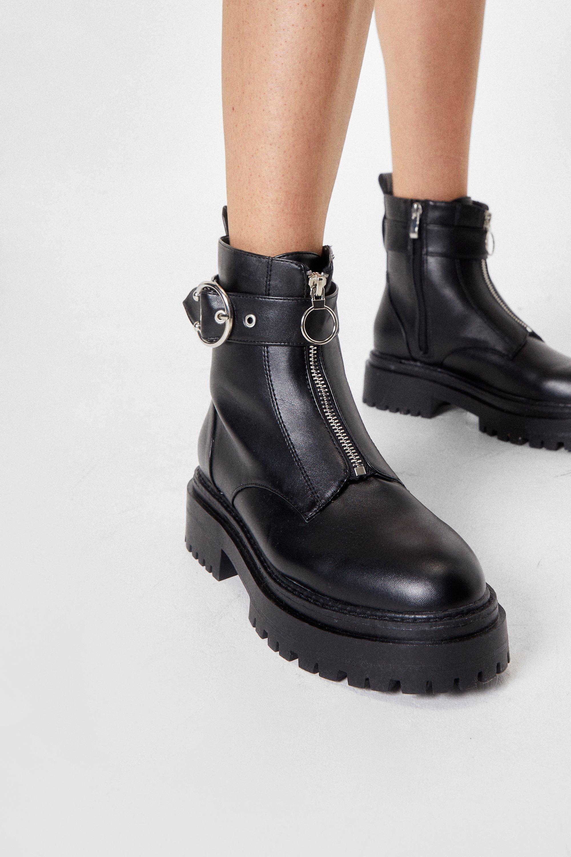 Low Heel Buckled Biker Boots