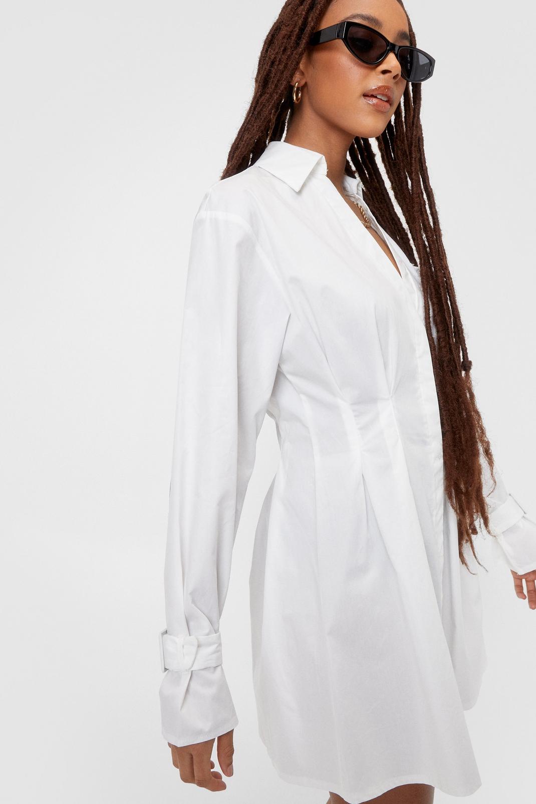 White Long Sleeve Pleated Mini Shirt Dress image number 1