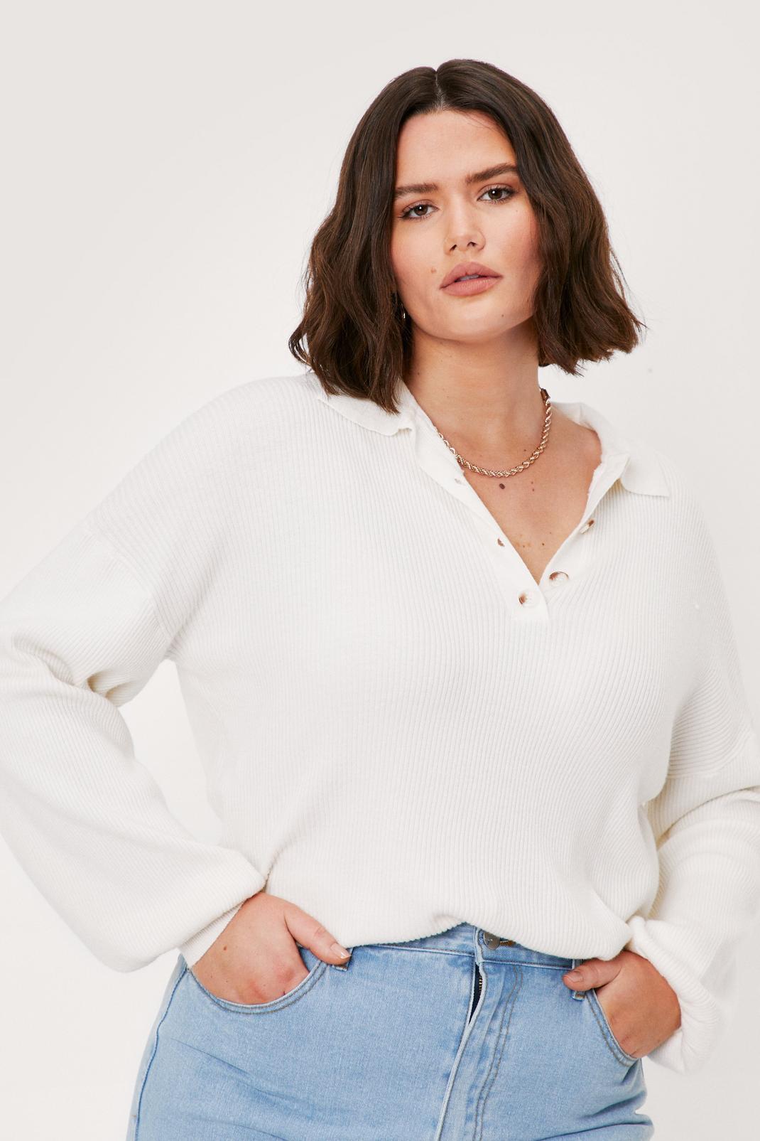 White Plus Size Ribbed Button Down Jumper image number 1