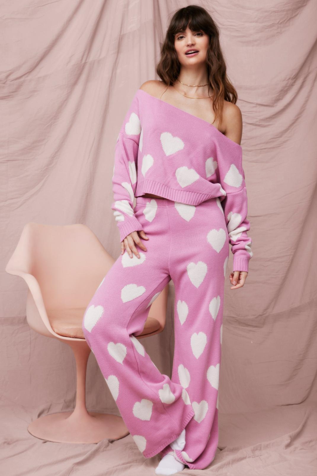 Pink Knitted Heart Jumper and Pants Lounge Set image number 1