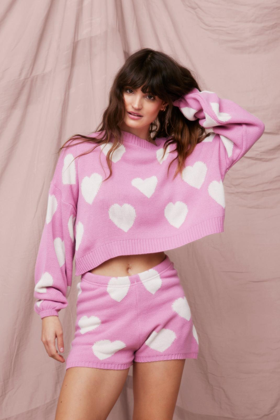 Pink Knitted Heart Jumper and Shorts Lounge Set image number 1
