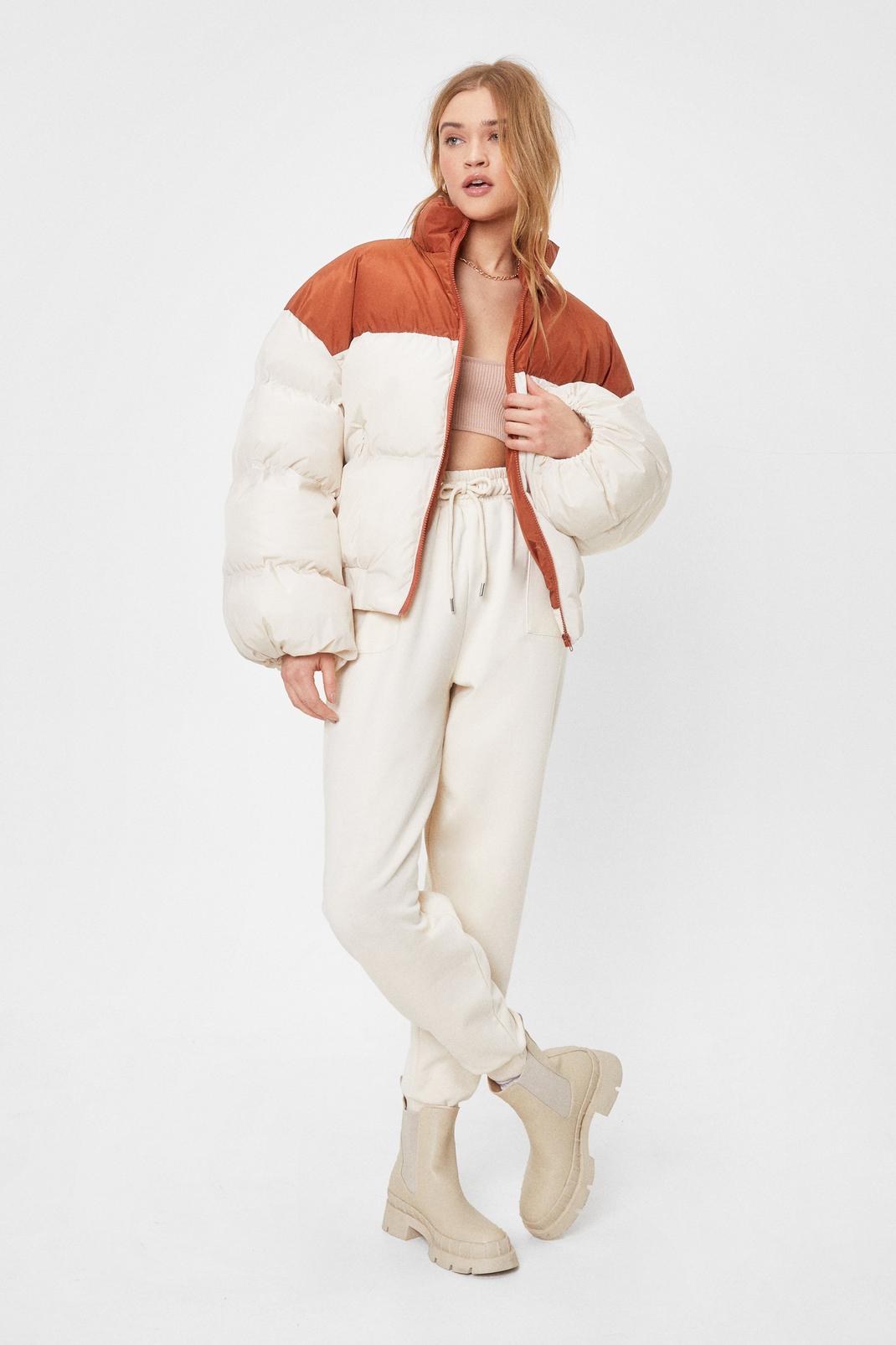 Brown Colorblock Oversized Puffer Jacket image number 1