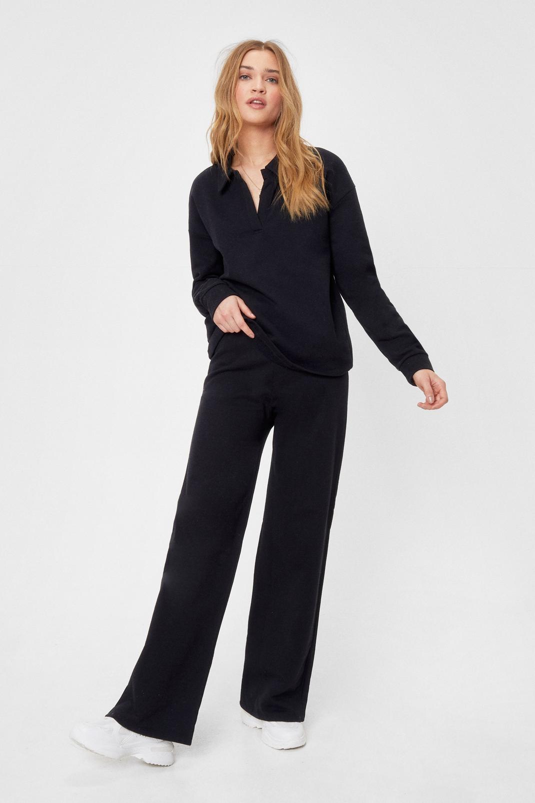 Black Collared Sweatshirt and Wide Leg Trousers Set image number 1