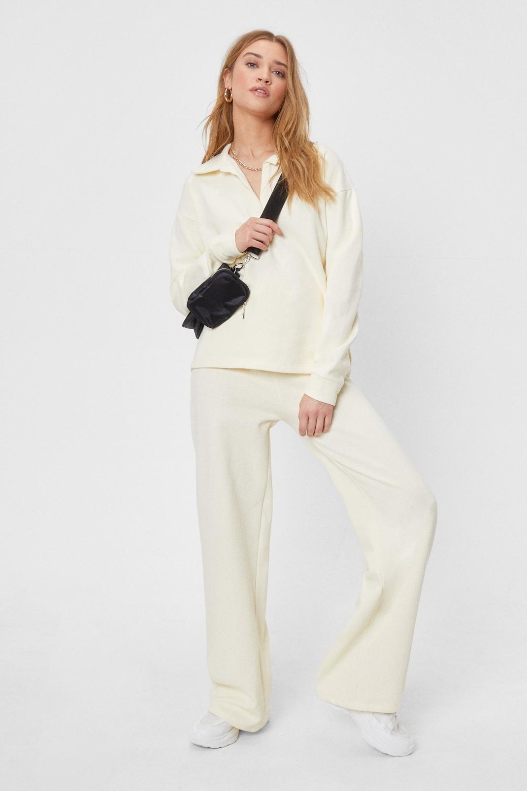 Ecru Collared Sweatshirt and Wide Leg Trousers Set image number 1