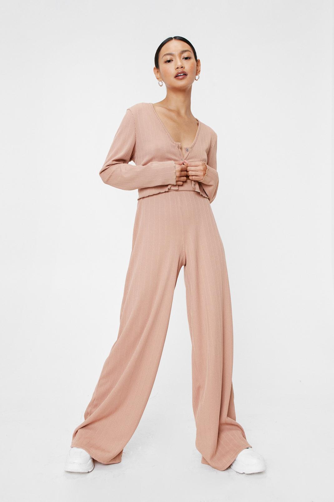 Camel Ribbed Button Top and Wide Leg Pants Set image number 1